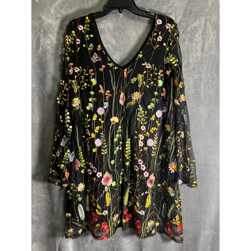 She + Sky Black Floral Embroidered Mesh Long Sleeve Fit Flare Dress